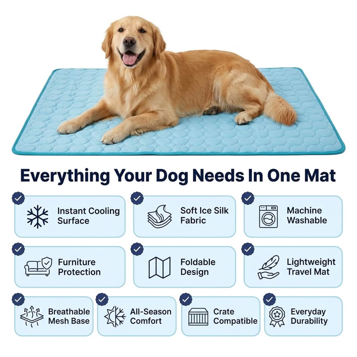 Muddy Mat® selvkølende hundemåtte, køleunderlag i is-silke til hunde og katte, kræver hverken vand eller strøm, letrengørlig, skridsikker sommer-måtte til kæledyr til indendørs og udendørs brug, sofa, bur og bil