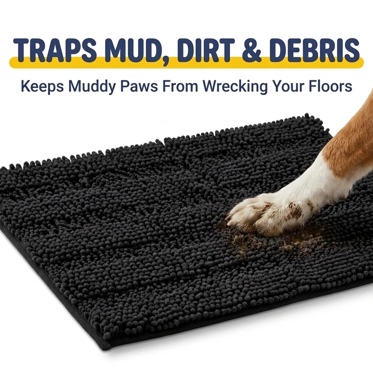 Muddy Mat® StripeMax Golvmatta för hundar med leriga tassar – Tjock plyschig randig chenillematta, Muddy Carpet®, superabsorberande mikrofiber, snabbtorkande, halksäker, tvättbar innematta