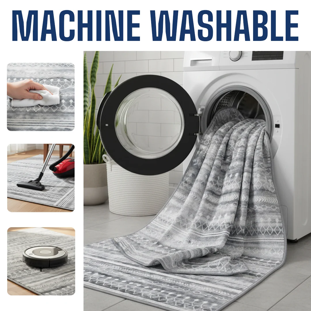 Greyline Washable Area Rug, Modern Soft Low Pile Carpet, Non Slip and Pet Friendly for Home