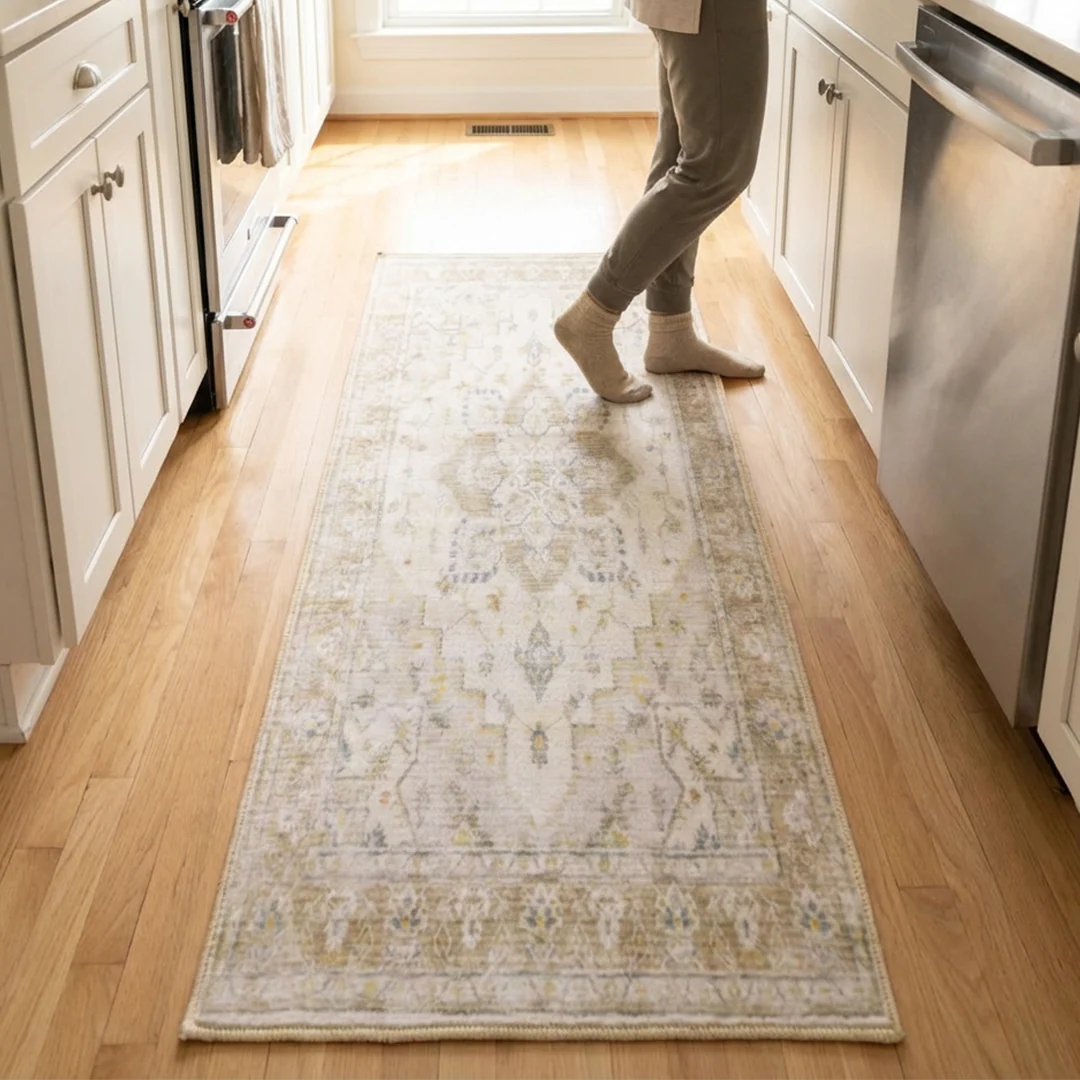 Champagne Washable Area Rug, Waterproof Soft Low Pile Carpet, Foldable and Pet Friendly