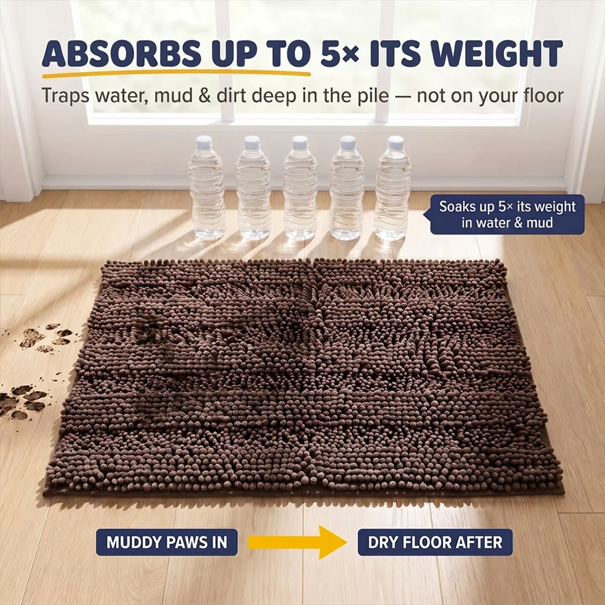 Muddy Mat® StripeMax Golvmatta för hundar med leriga tassar – Tjock plyschig randig chenillematta, Muddy Carpet®, superabsorberande mikrofiber, snabbtorkande, halksäker, tvättbar innematta