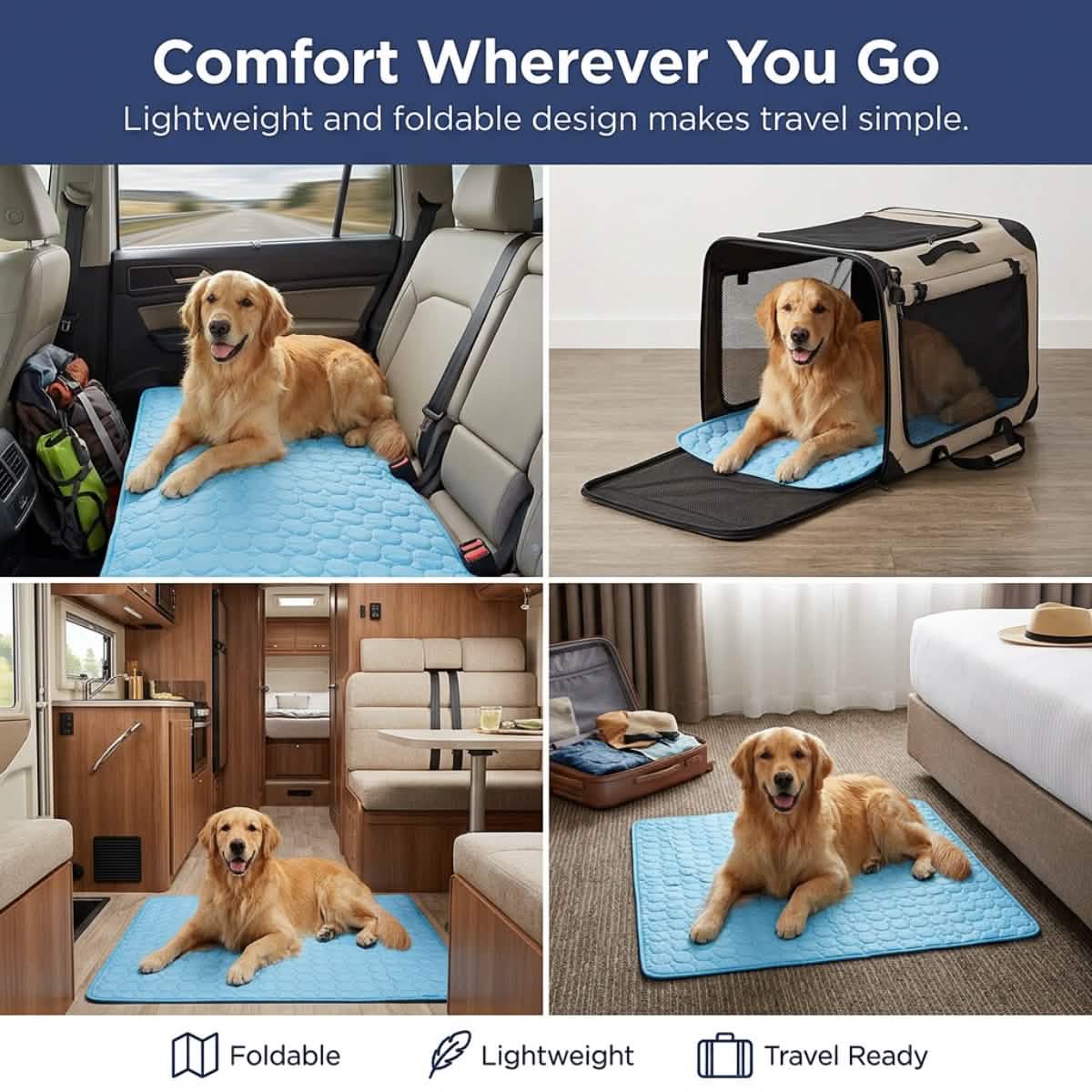 Muddy Mat® selvkølende hundemåtte, køleunderlag i is-silke til hunde og katte, kræver hverken vand eller strøm, letrengørlig, skridsikker sommer-måtte til kæledyr til indendørs og udendørs brug, sofa, bur og bil