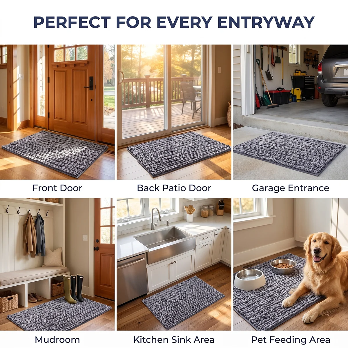 Muddy Mat® DuoMax Hundedørmatte for sølete poter – Absorberende matte med to teksturer chenille inngangsmatte Muddy Carpet®, mikrofiber hurtigtørkende, sklisikker maskinvaskbar innendørsmatte