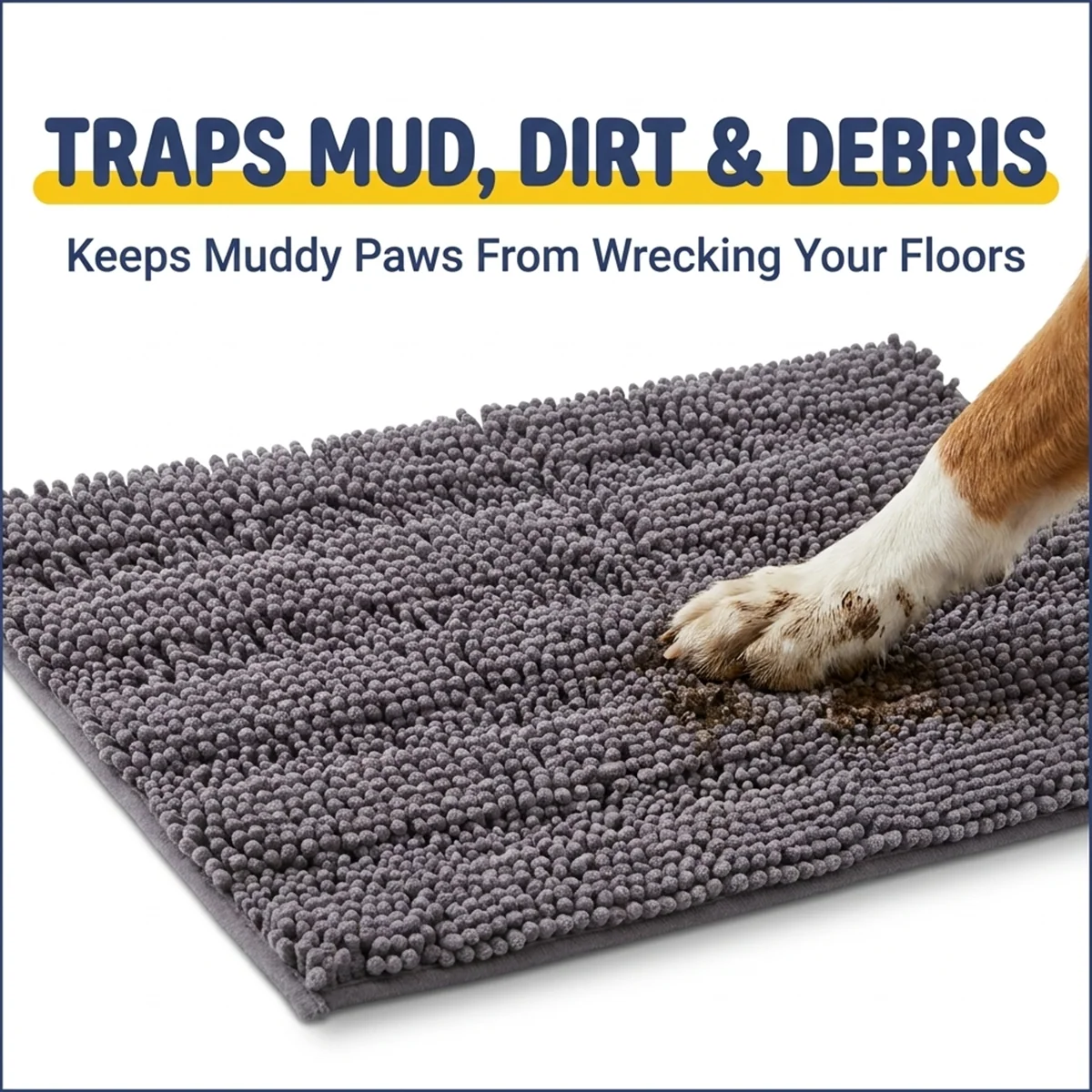 Muddy Mat® StripeMax Golvmatta för hundar med leriga tassar – Tjock plyschig randig chenillematta, Muddy Carpet®, superabsorberande mikrofiber, snabbtorkande, halksäker, tvättbar innematta