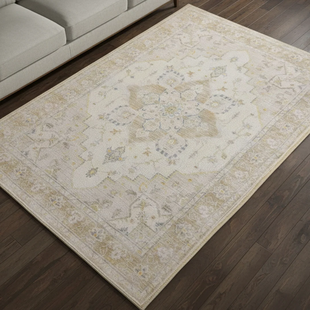 Champagne Washable Area Rug, Waterproof Soft Low Pile Carpet, Foldable and Pet Friendly