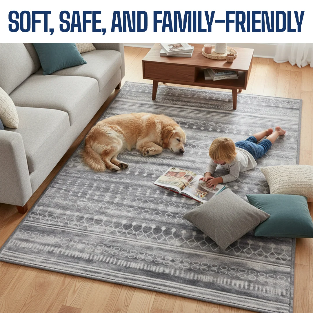 Greyline Washable Area Rug, Modern Soft Low Pile Carpet, Non Slip and Pet Friendly for Home