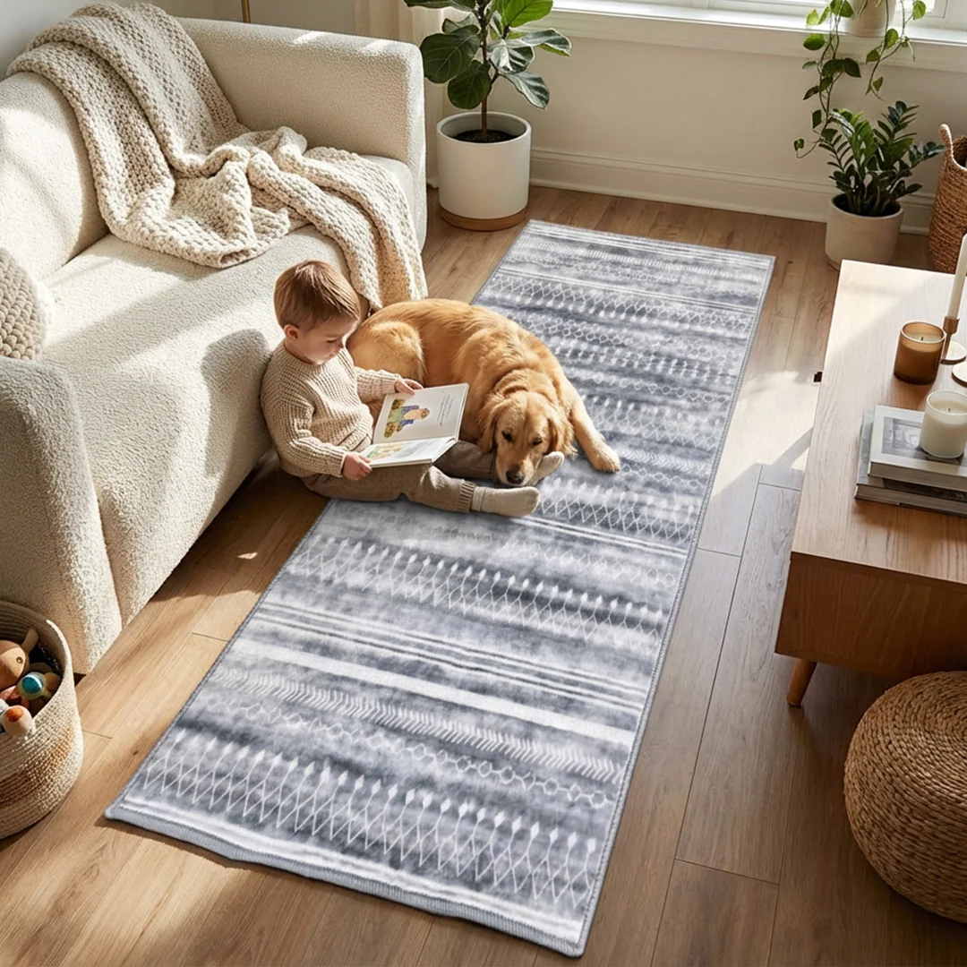 Greyline Washable Area Rug, Modern Soft Low Pile Carpet, Non Slip and Pet Friendly for Home