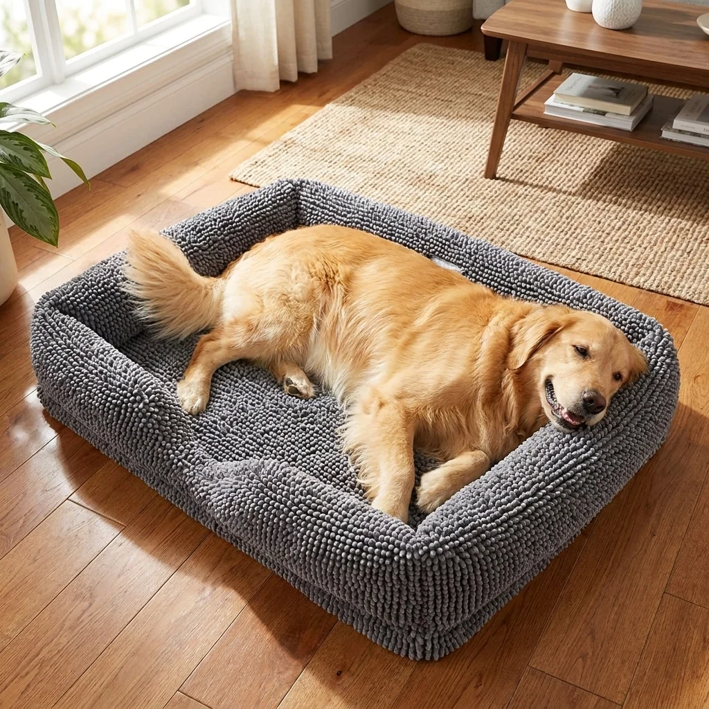 Muddy Mat® Cloud K9 Rektangulär Hundbädd med äkta minnesskum och tvättbart chenilleöverdrag