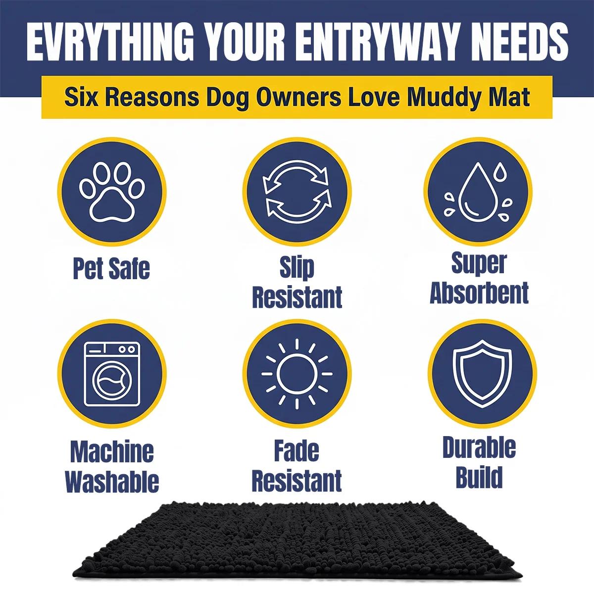 Muddy Mat® MudMax Dog Door Mat for Muddy Paws – Ultra Water Absorbing Mat Chenille Muddy Carpet® Soaks 5X Water, Microfiber Quick Dry, Slip Resistant Machine Washable Indoor Mat