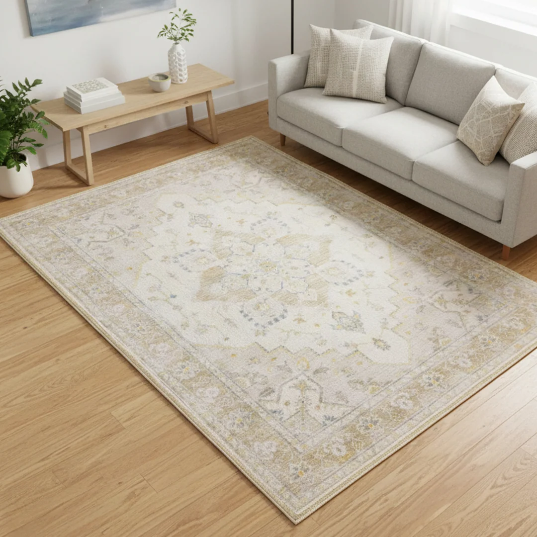 Champagne Washable Area Rug, Waterproof Soft Low Pile Carpet, Foldable and Pet Friendly