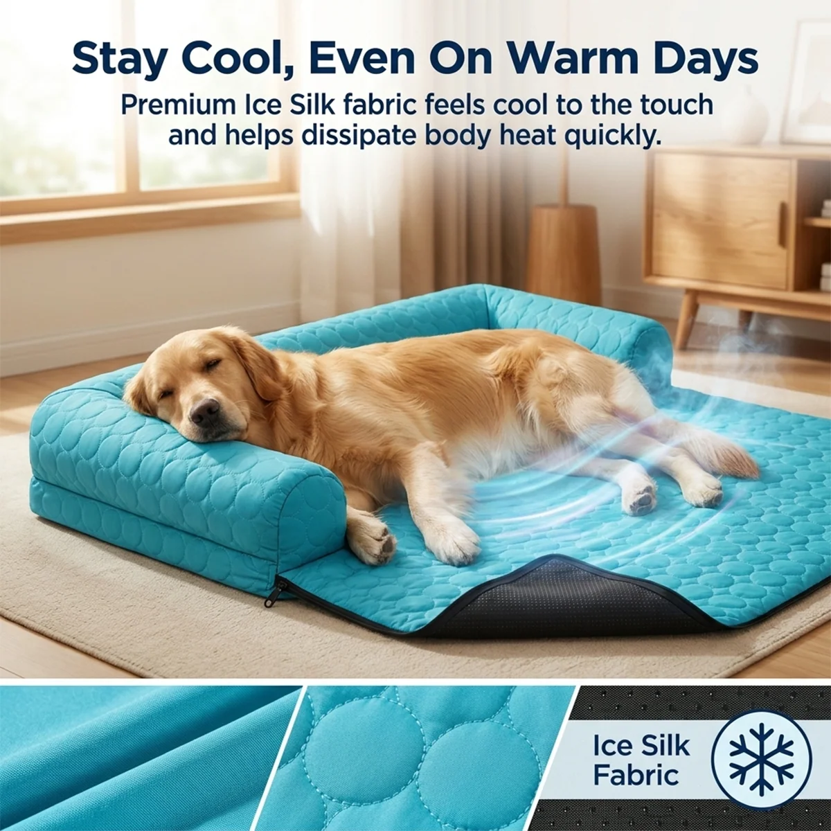 Muddy Mat® Ice Silk kjølende hundeseng med ortopedisk memory foam og bolsterkant, selvkjølende pustende kjæledyrsofa-seng, ekstra bred sofebeskyttelse, sklisikker, avtakbar og maskinvaskbar