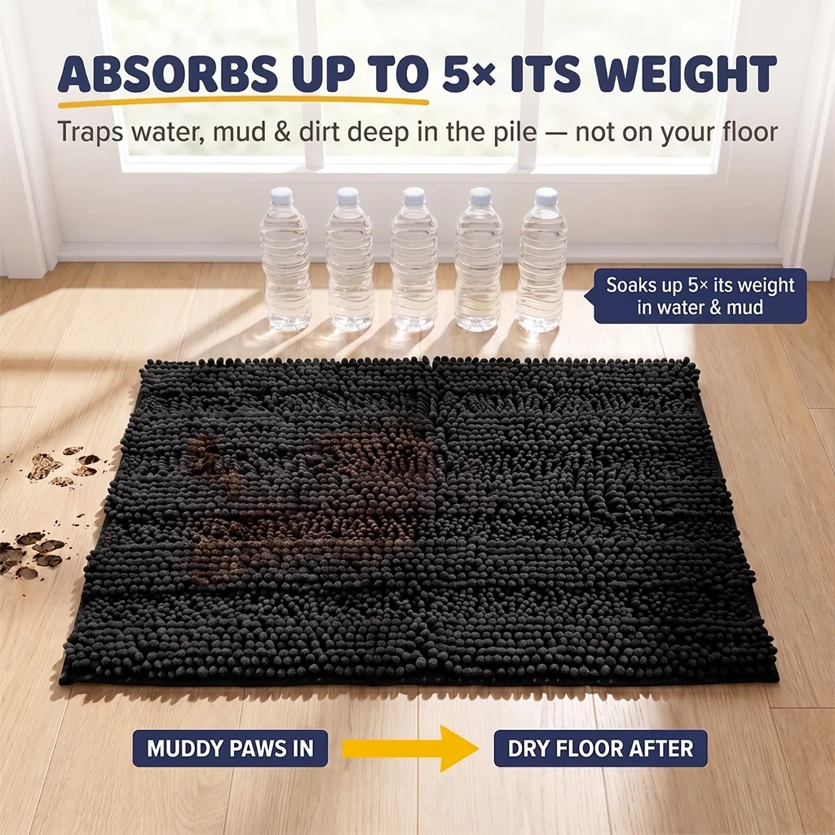 Muddy Mat® StripeMax Golvmatta för hundar med leriga tassar – Tjock plyschig randig chenillematta, Muddy Carpet®, superabsorberande mikrofiber, snabbtorkande, halksäker, tvättbar innematta