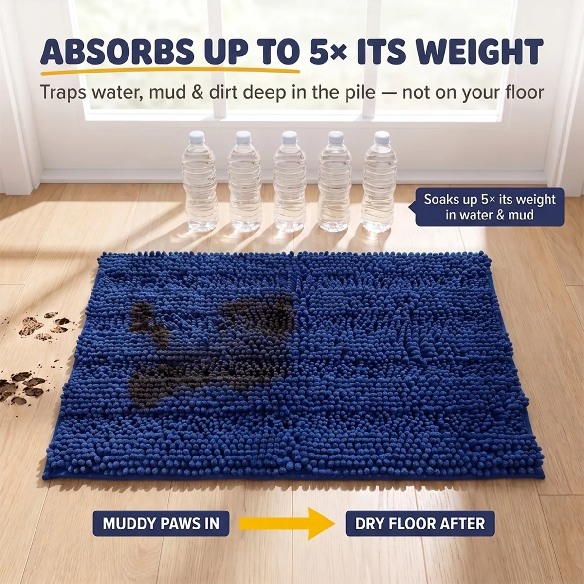 Muddy Mat® StripeMax Golvmatta för hundar med leriga tassar – Tjock plyschig randig chenillematta, Muddy Carpet®, superabsorberande mikrofiber, snabbtorkande, halksäker, tvättbar innematta