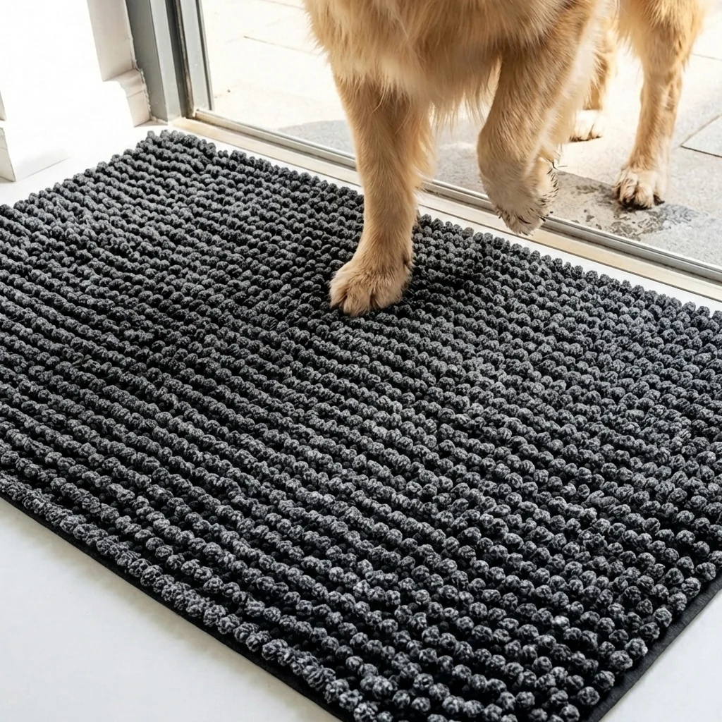 Muddy Mat® Tapis de porte intérieur pour chien T.Max bicolore et tapis de bain – Tapis d'entrée antidérapant en chenille pour pattes boueuses, tapis de porte absorbant et lavable, tapis de bain à séchage rapide