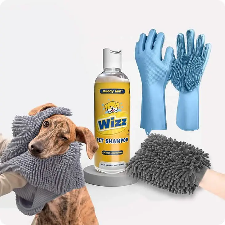 Muddy Mat® Dog Grooming Bundle with Rubber Scrubbers, Doggy Dryer, Muddy Mitt and 17 oz Shampoo 17 oz