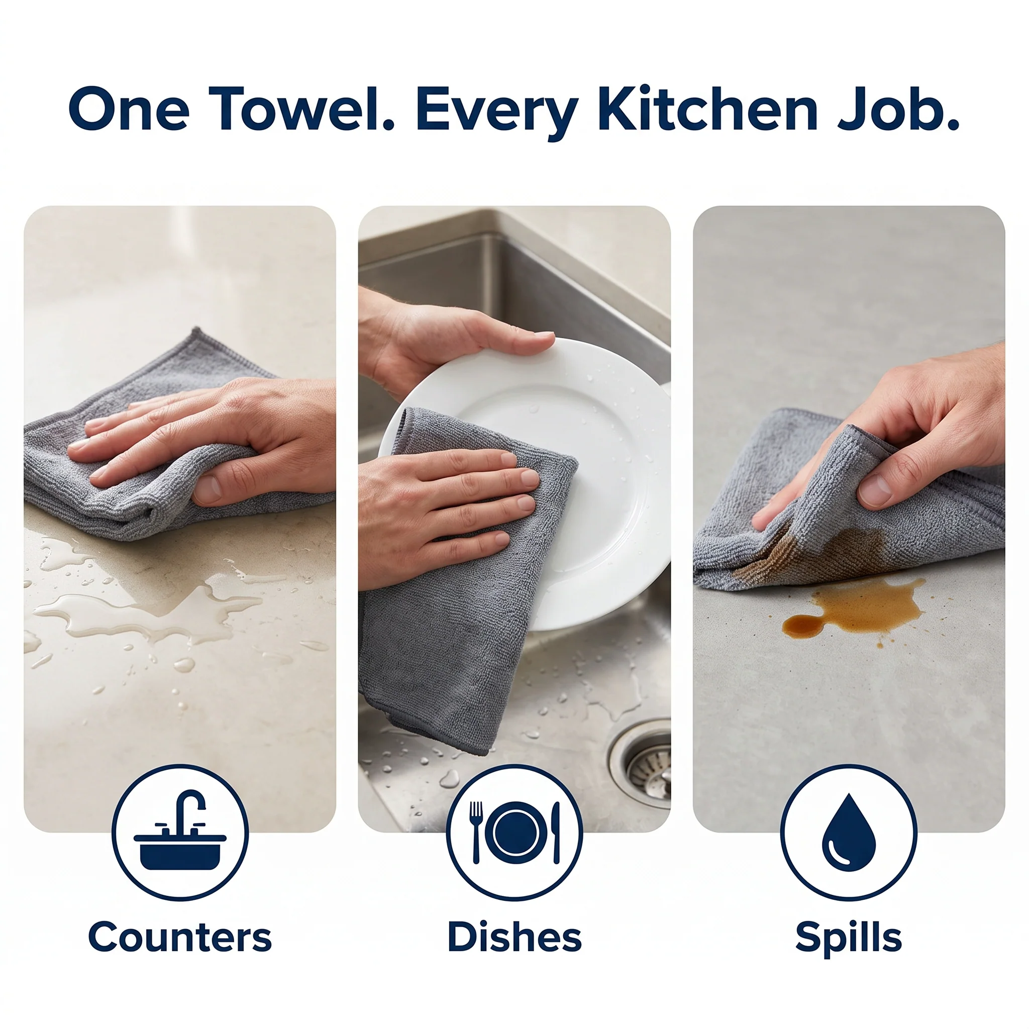 Muddy Mat® Kitchen Towels 3 Pack - Super Absorbent Microfiber Dish Cloths, Quick Dry Soft Cleaning Towels for Dishes, Counters and Spills, Machine Washable, Grey 11.8" x 11.8"