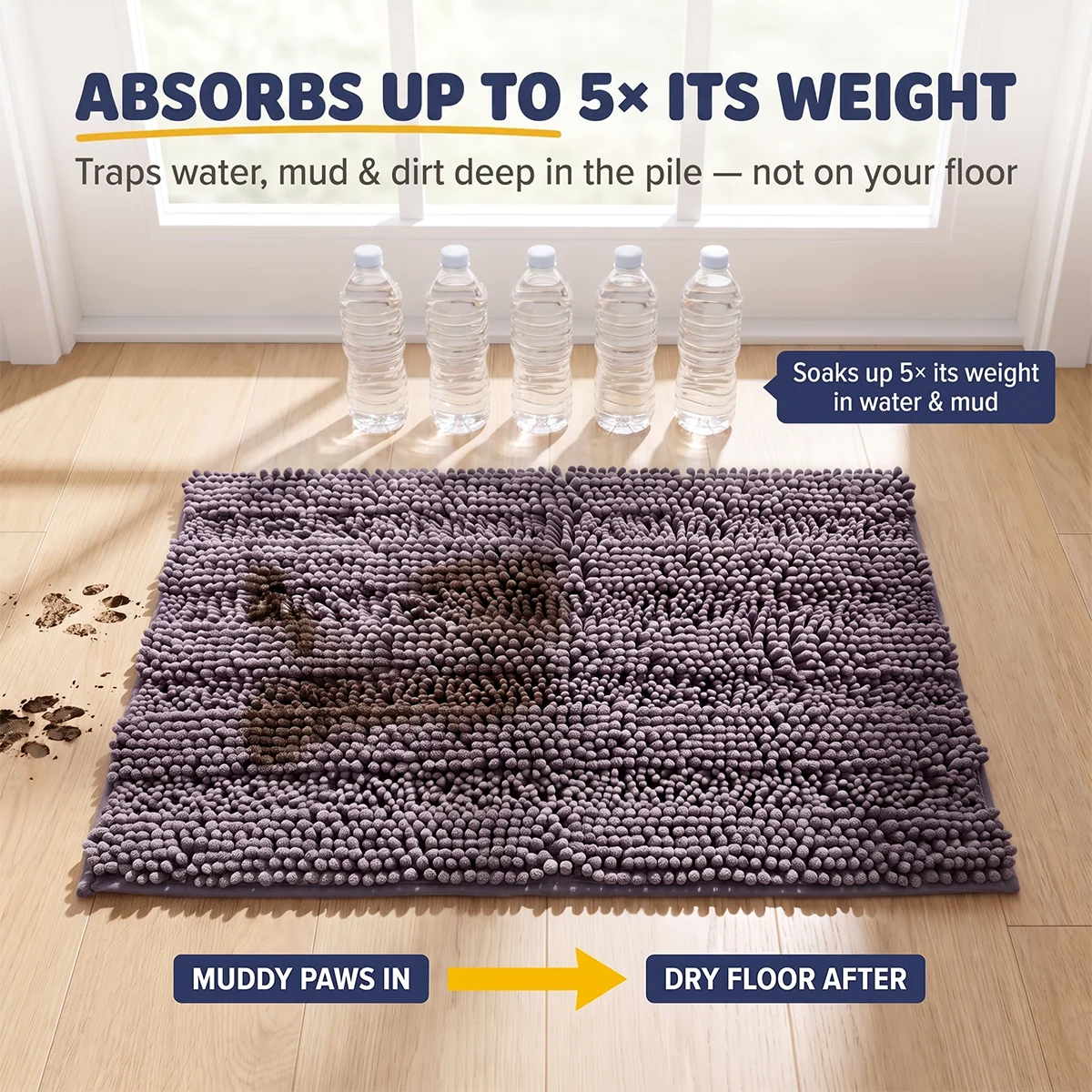 Muddy Mat® StripeMax Golvmatta för hundar med leriga tassar – Tjock plyschig randig chenillematta, Muddy Carpet®, superabsorberande mikrofiber, snabbtorkande, halksäker, tvättbar innematta