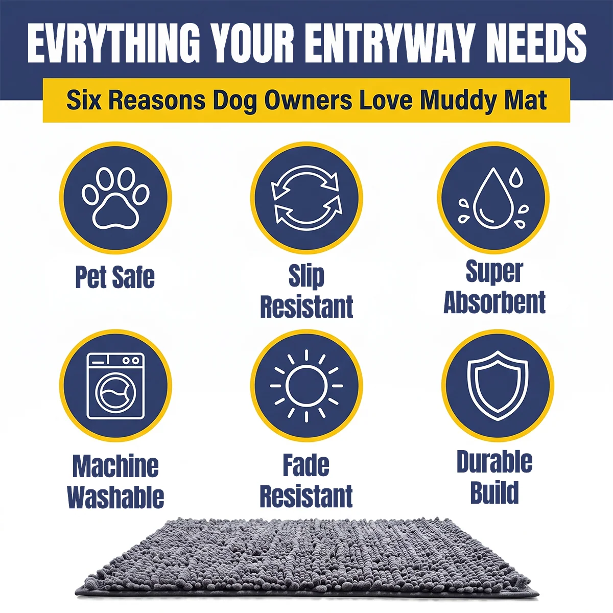 Muddy Mat® MudMax Dog Door Mat for Muddy Paws – Ultra Water Absorbing Mat Chenille Muddy Carpet® Soaks 5X Water, Microfiber Quick Dry, Slip Resistant Machine Washable Indoor Mat
