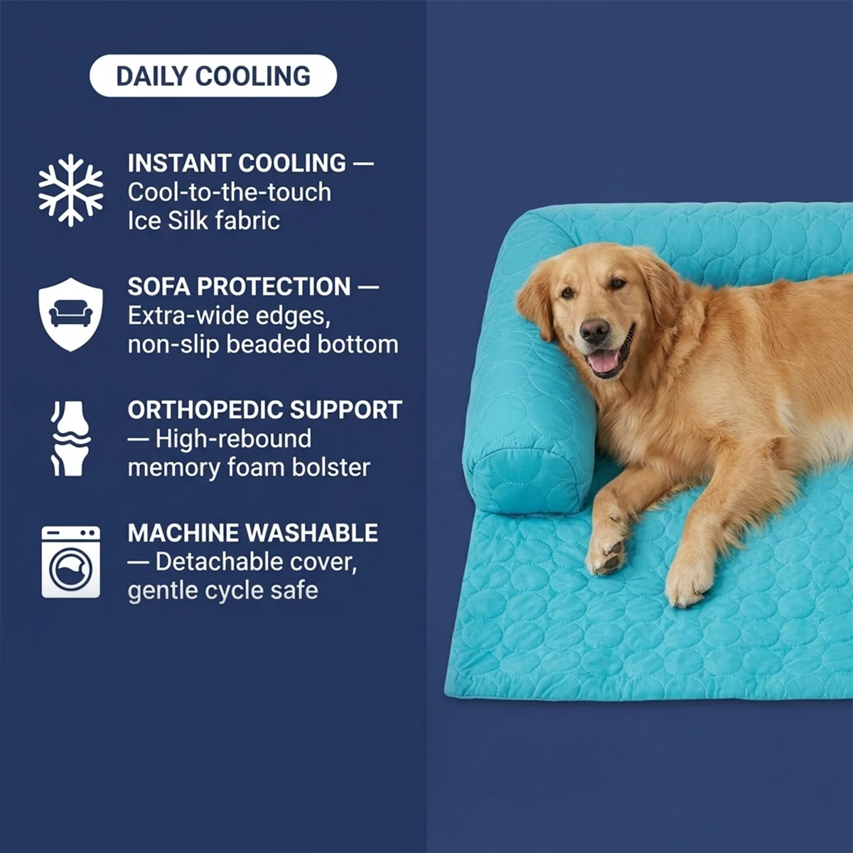 Muddy Mat® Ice Silk kjølende hundeseng med ortopedisk memory foam og bolsterkant, selvkjølende pustende kjæledyrsofa-seng, ekstra bred sofebeskyttelse, sklisikker, avtakbar og maskinvaskbar