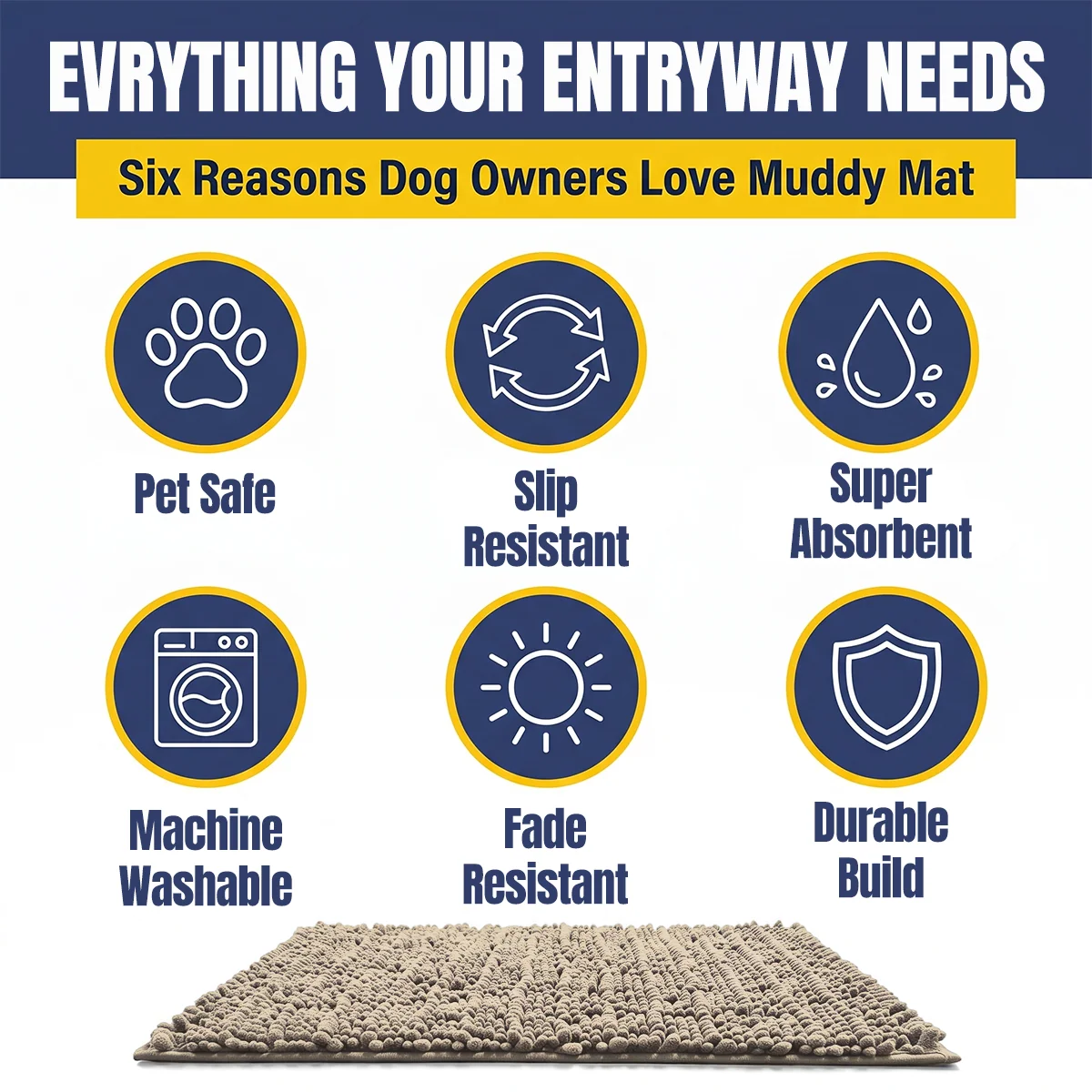 Muddy Mat® MudMax Dog Door Mat for Muddy Paws – Ultra Water Absorbing Mat Chenille Muddy Carpet® Soaks 5X Water, Microfiber Quick Dry, Slip Resistant Machine Washable Indoor Mat