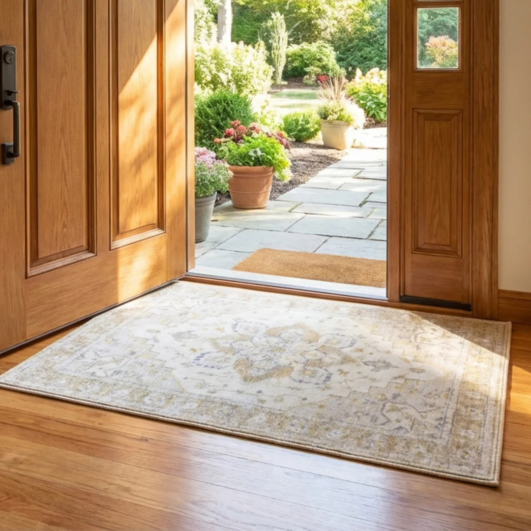 Champagne Washable Area Rug, Waterproof Soft Low Pile Carpet, Foldable and Pet Friendly