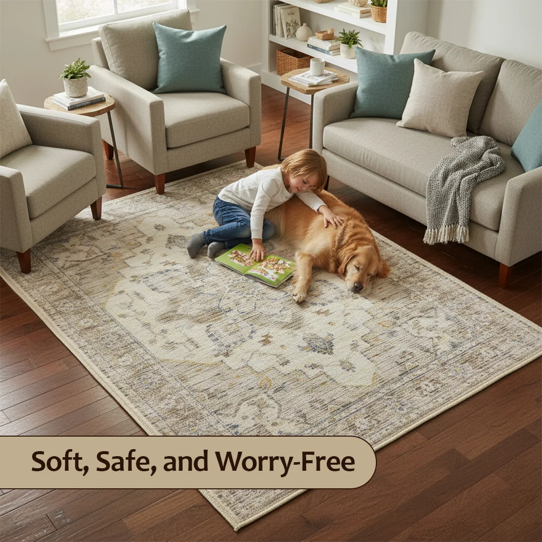 Alfombra lavable Tuscany, de pelo bajo suave, antideslizante y apta para mascotas para sala de estar, dormitorio y comedor