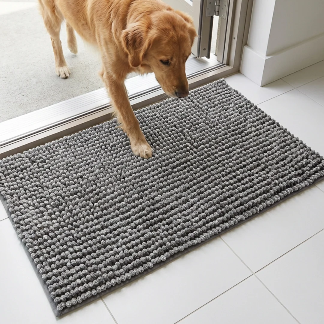 Muddy Mat® Tapis de porte intérieur pour chien T.Max bicolore et tapis de bain – Tapis d'entrée antidérapant en chenille pour pattes boueuses, tapis de porte absorbant et lavable, tapis de bain à séchage rapide