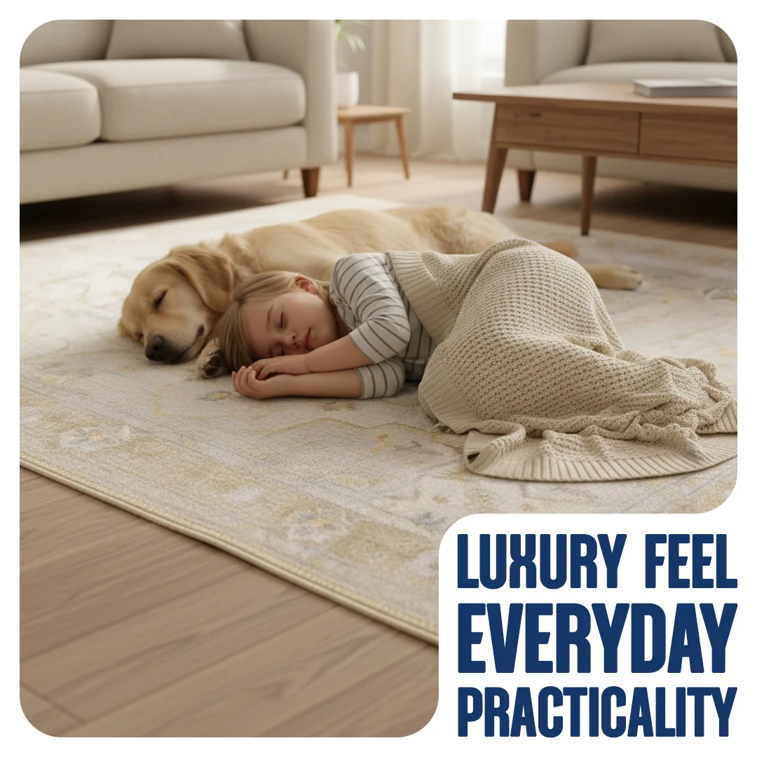 Champagne Washable Area Rug, Waterproof Soft Low Pile Carpet, Foldable and Pet Friendly