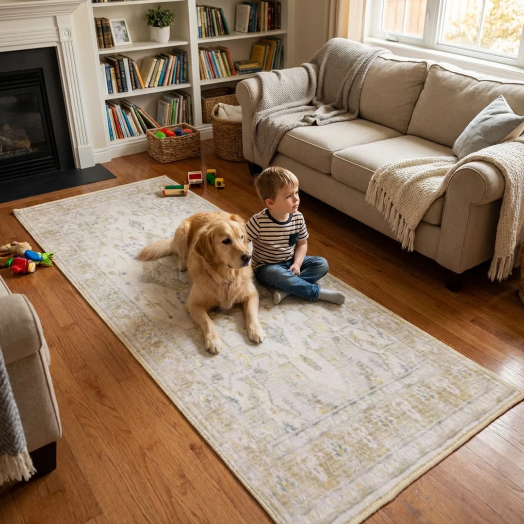 Champagne Washable Area Rug, Waterproof Soft Low Pile Carpet, Foldable and Pet Friendly