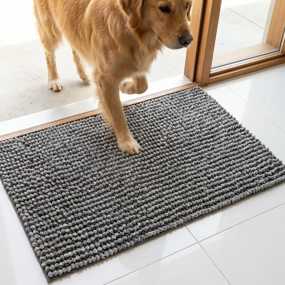 Muddy Mat® Tapis de porte intérieur pour chien T.Max bicolore et tapis de bain – Tapis d'entrée antidérapant en chenille pour pattes boueuses, tapis de porte absorbant et lavable, tapis de bain à séchage rapide