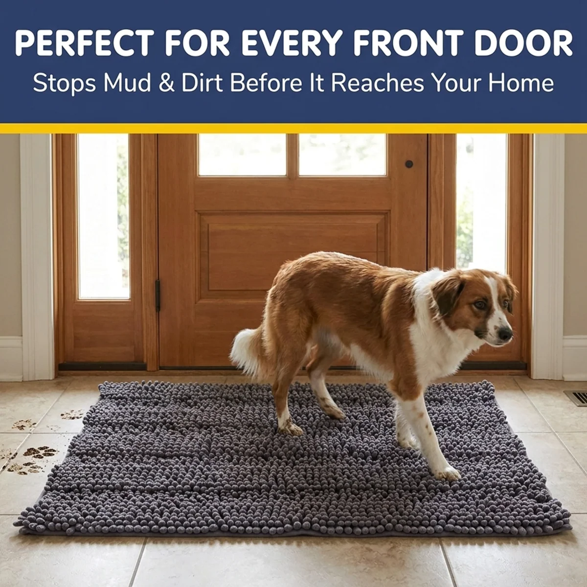 Muddy Mat® StripeMax Golvmatta för hundar med leriga tassar – Tjock plyschig randig chenillematta, Muddy Carpet®, superabsorberande mikrofiber, snabbtorkande, halksäker, tvättbar innematta