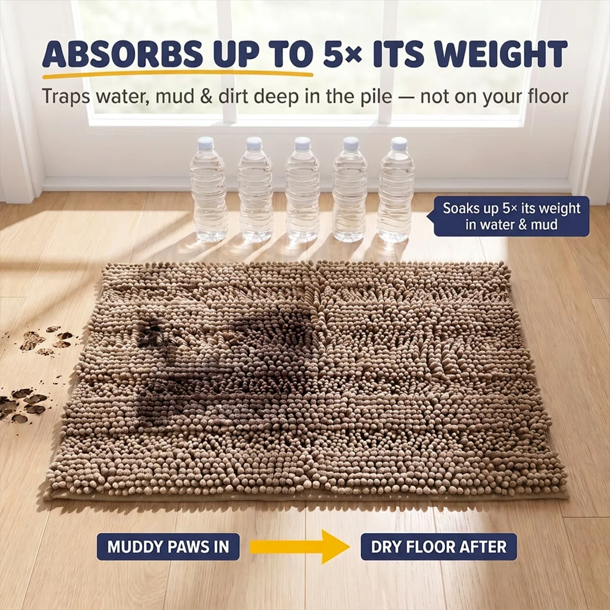 Muddy Mat® StripeMax Golvmatta för hundar med leriga tassar – Tjock plyschig randig chenillematta, Muddy Carpet®, superabsorberande mikrofiber, snabbtorkande, halksäker, tvättbar innematta